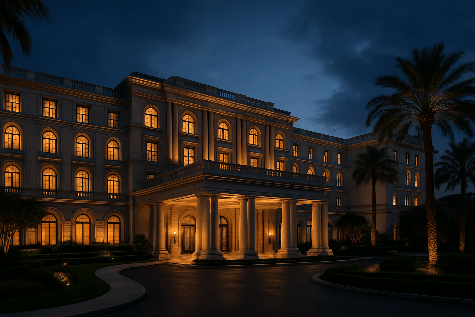 Фасад отеля Château d'Or в сумерках
